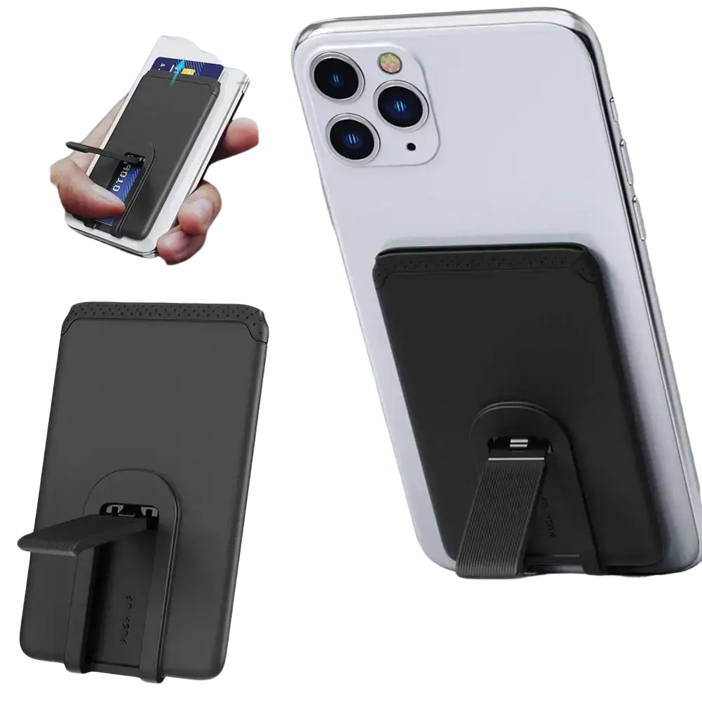 Black silicone phone card holder with magnetic stand and textured edges for universal mobile phone use
