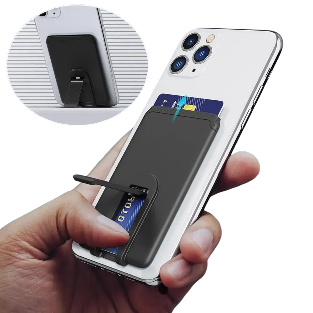 Black silicone phone card holder with magnetic stand for mobile phone universal stick-on wallet back view