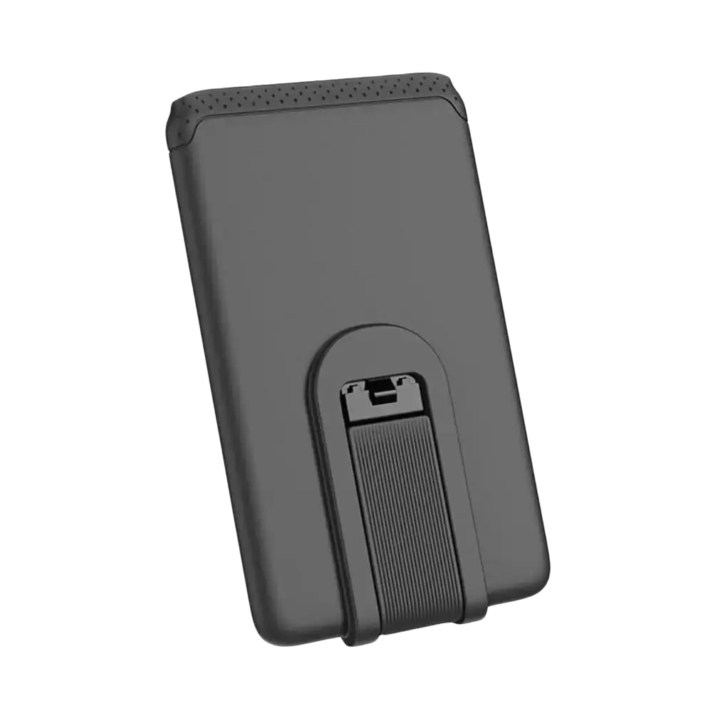 Black plastic phone card holder stick-on wallet with textured grip and perforated top edge for mobile phone use
