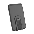 Black plastic phone card holder stick-on wallet with textured grip and perforated top edge for mobile phone use