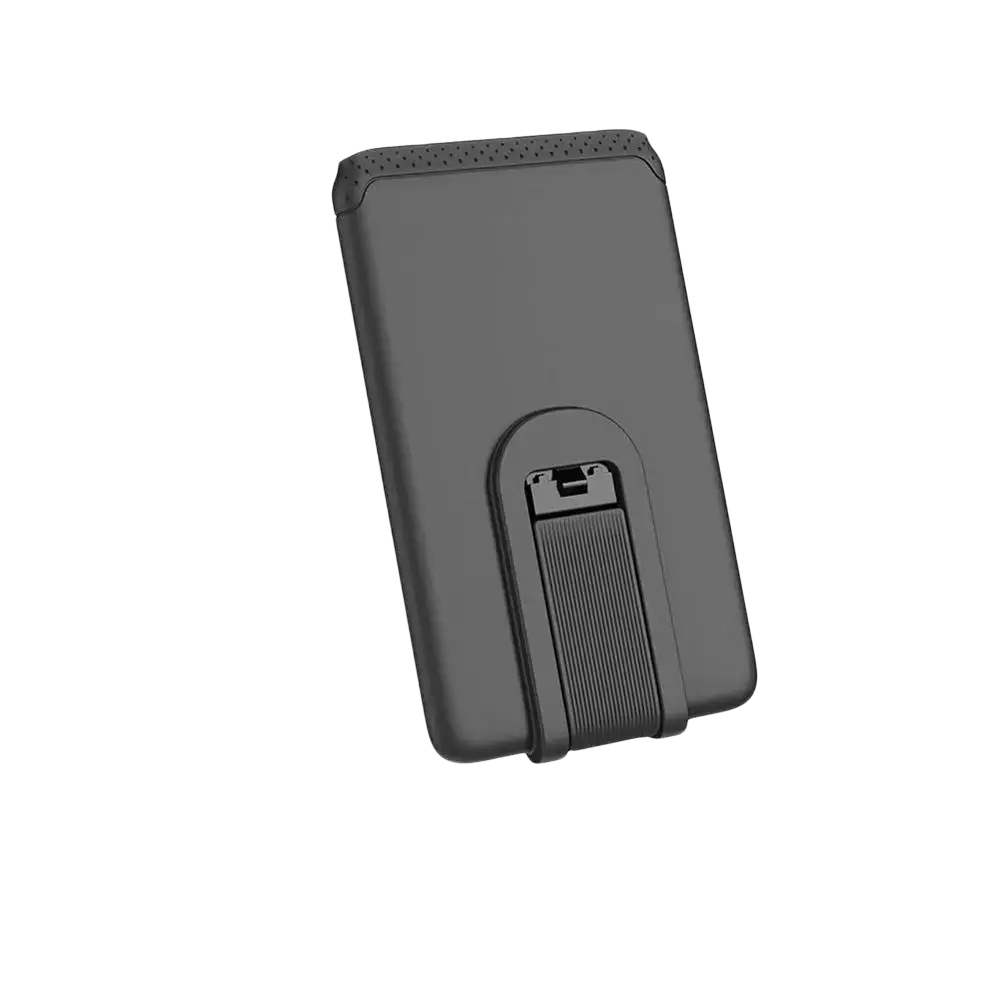 Black plastic phone card holder stick-on wallet with textured grip and perforated top edge for mobile phone