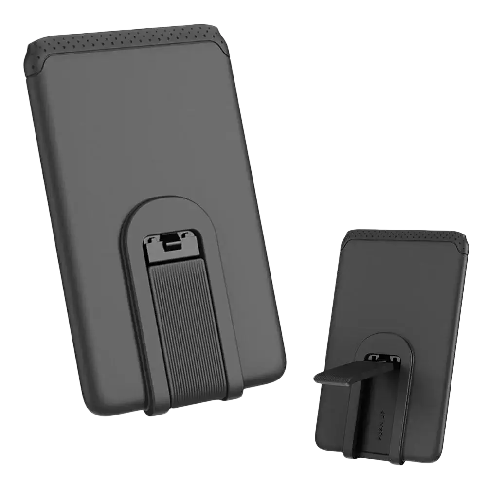 Black plastic phone card holder with textured grip and adjustable clamp for mobile phone universal use