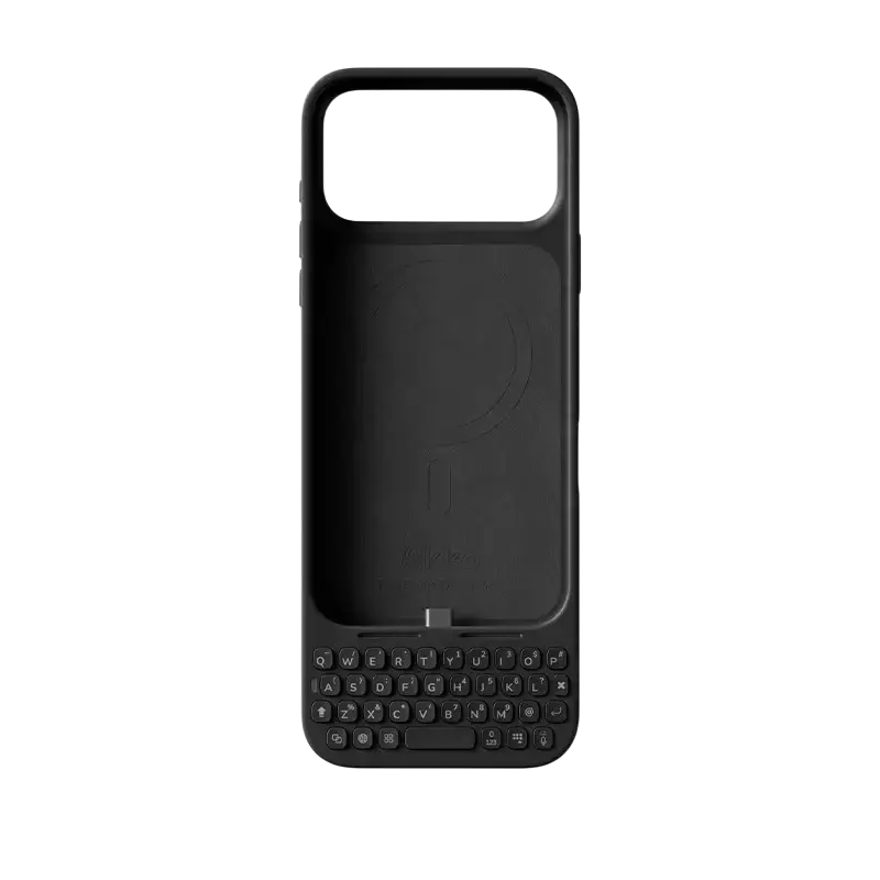 Black iphone pro max phone case with physical tactile keyboard and sleek minimalist design for mobile phone use
