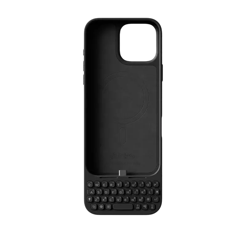 Black mobile phone case with integrated physical keyboard designed for iphone 16 pro max front view