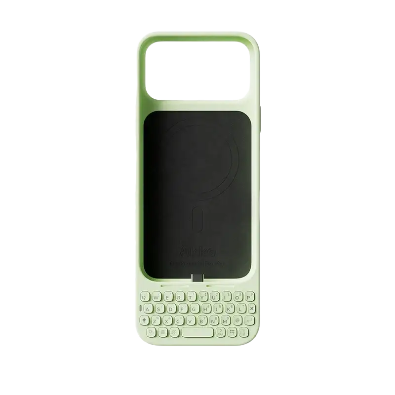 Light green phone case with integrated keyboard and usb-c instant pairing for iphone pro max mobile phone case back side