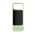 Mint green phone case for iphone pro max with integrated physical keyboard and built-in battery compartment shown from back