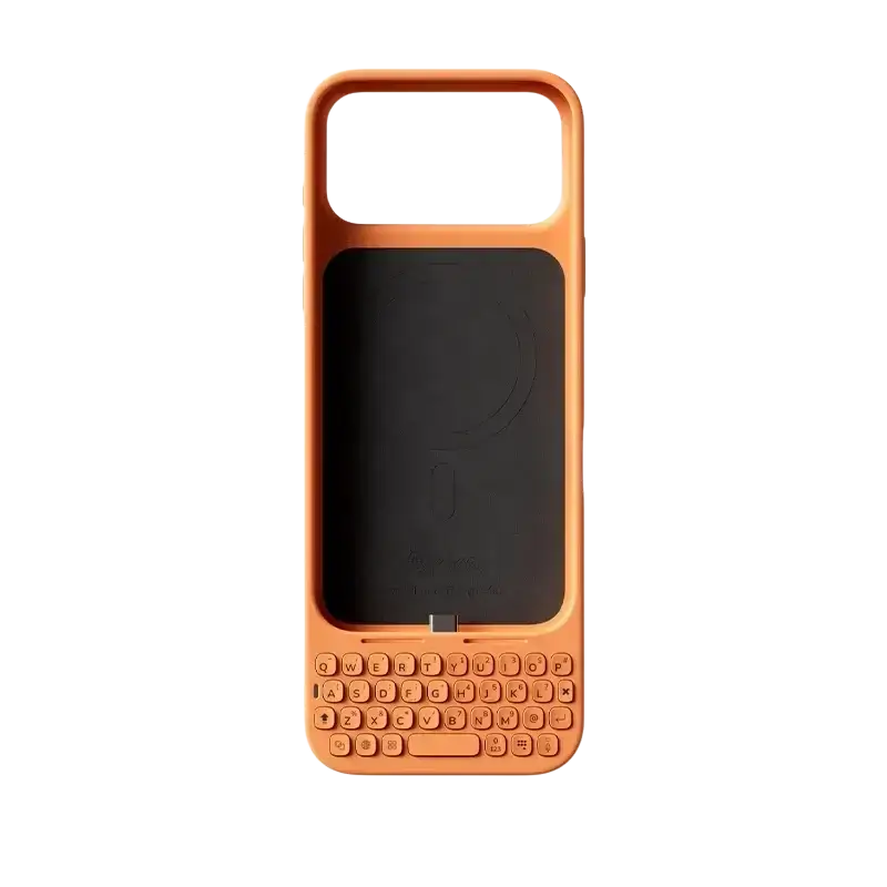 Orange silicone phone case with integrated physical keyboard and black screen area for iphone pro max mobile phone
