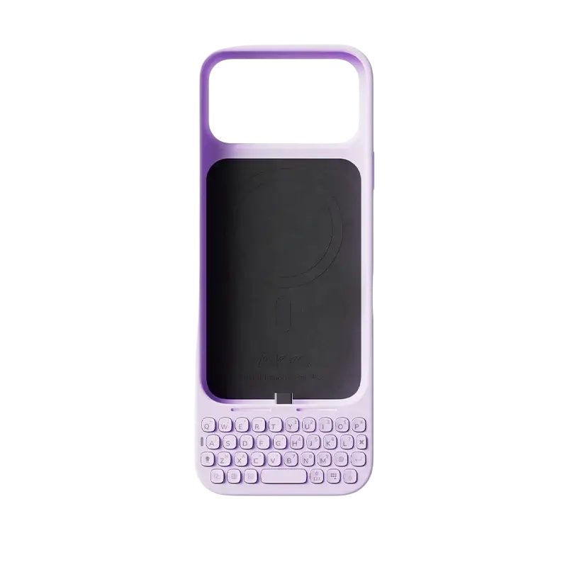 Purple pro max phone case with integrated physical keyboard and usb-c instant pairing for iphone 17 pro max