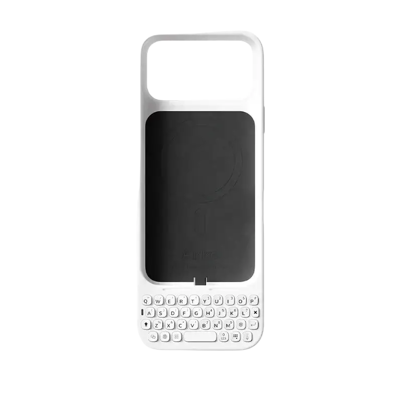 White iphone 17 pro max phone case with integrated physical keyboard and usb-c instant pairing for mobile phone use