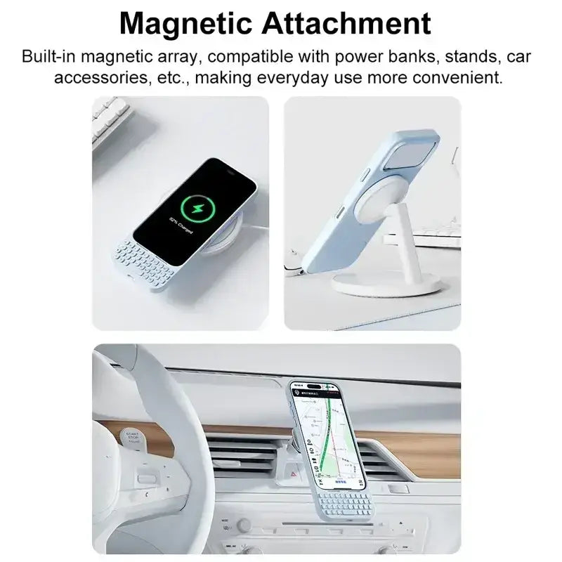 White magnetic phone stand with circular charging pad and adjustable arm for pro max mobile phone case use