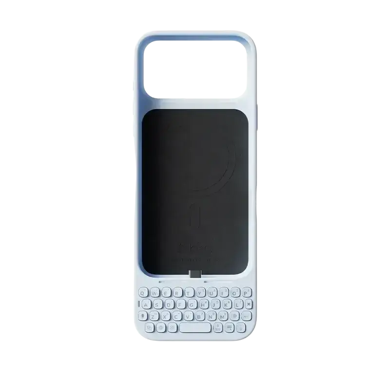 White plastic phone case with integrated physical keyboard and black screen area for iphone pro max mobile phone
