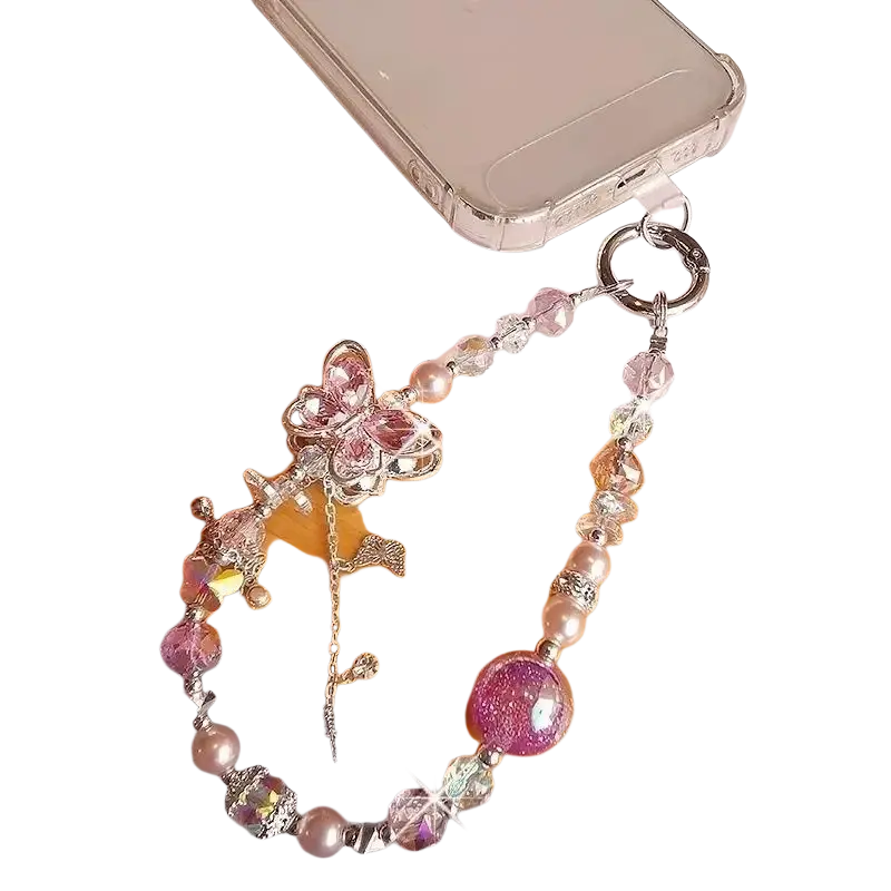 Delicate pink and silver butterfly mobile phone chain with sparkling crystals pearls and a glittery purple bead