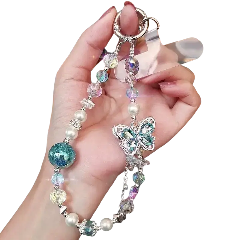 Delicate silver butterfly mobile phone chain with iridescent beads and a sparkling teal glass sphere centerpiece