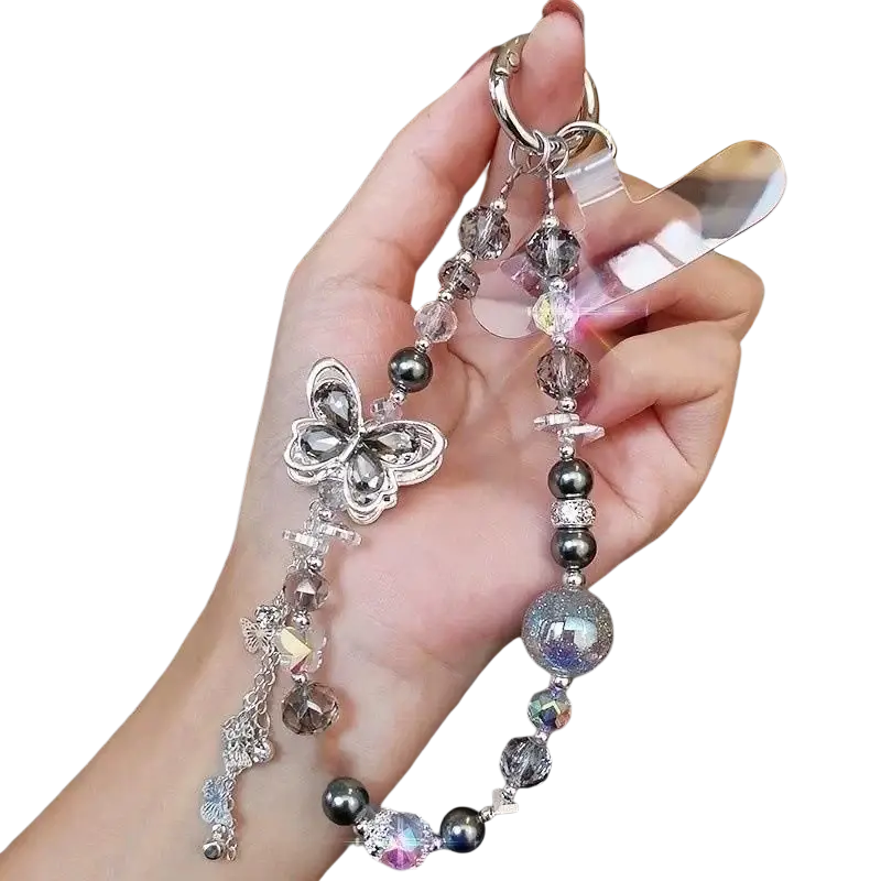 Silver butterfly-shaped phone chain with clear and dark gray beads crystal accents and dangling charm for mobile phone