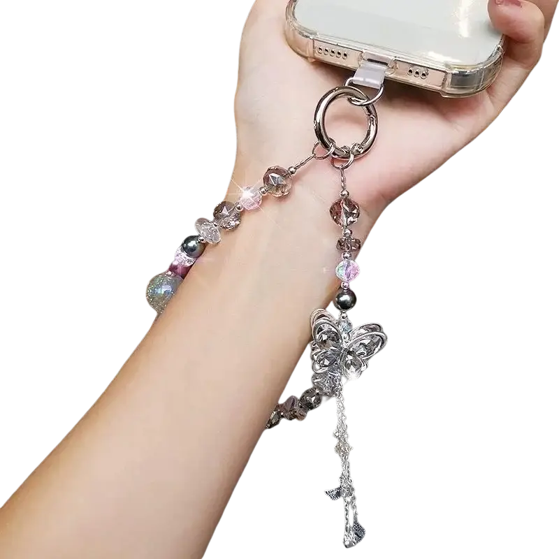 Silver butterfly-themed phone chain mobile phone strap with sparkling crystals and metallic beads for stylish use