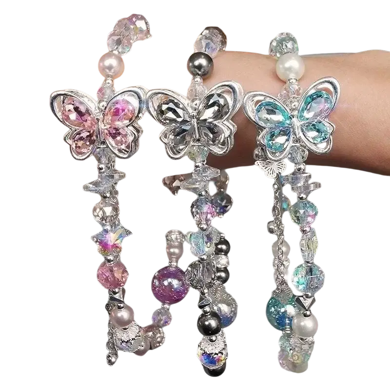 Three sparkling butterfly-themed phone chain bracelets with crystal charms and multicolor beaded strands for mobile phone
