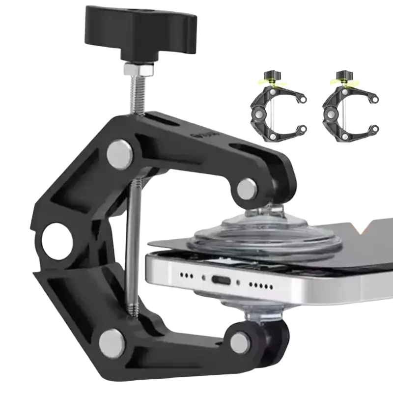 Black adjustable phone screen separator clamp with silver metal accents and clear suction cup base in minimalist style
