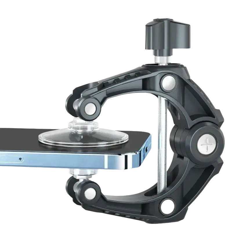 Black adjustable phone clamp with clear suction cup and metallic screw mechanism for minimalist style screen separator tool