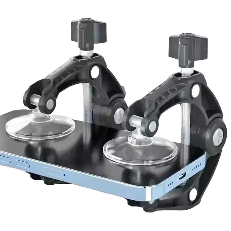 Black adjustable phone screen separator tool with transparent suction cups and gray knobs in minimalist style