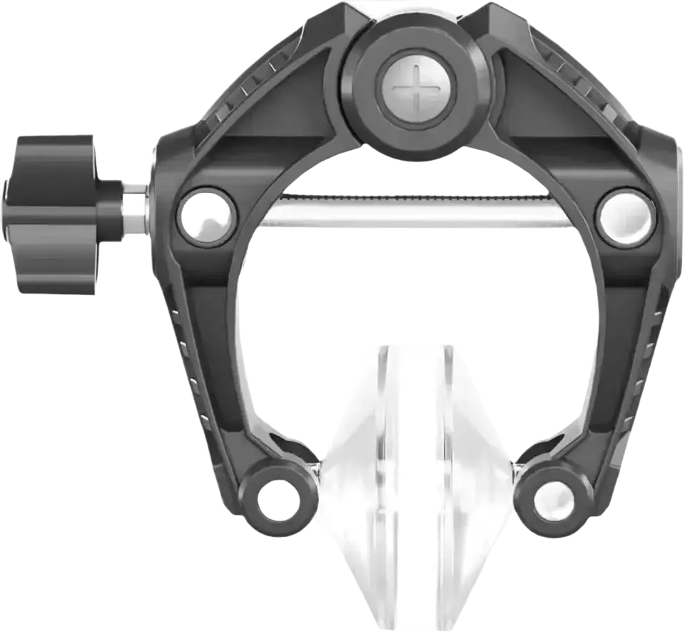 Black plastic phone screen separator tool with silver screw and adjustable clamp in minimalist style design