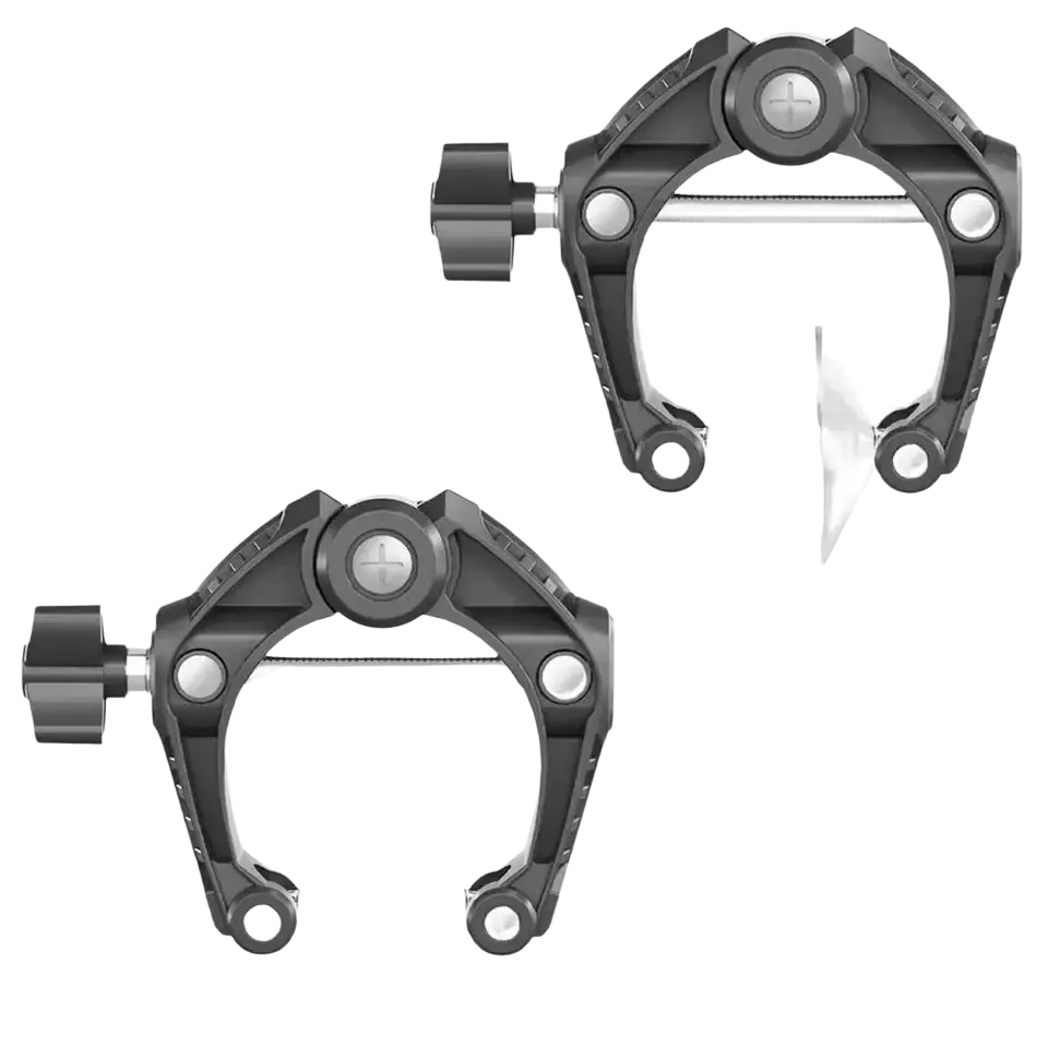 Black plastic camera tripod mount clamps with clear acrylic inserts for phone screen separator tool minimalist style