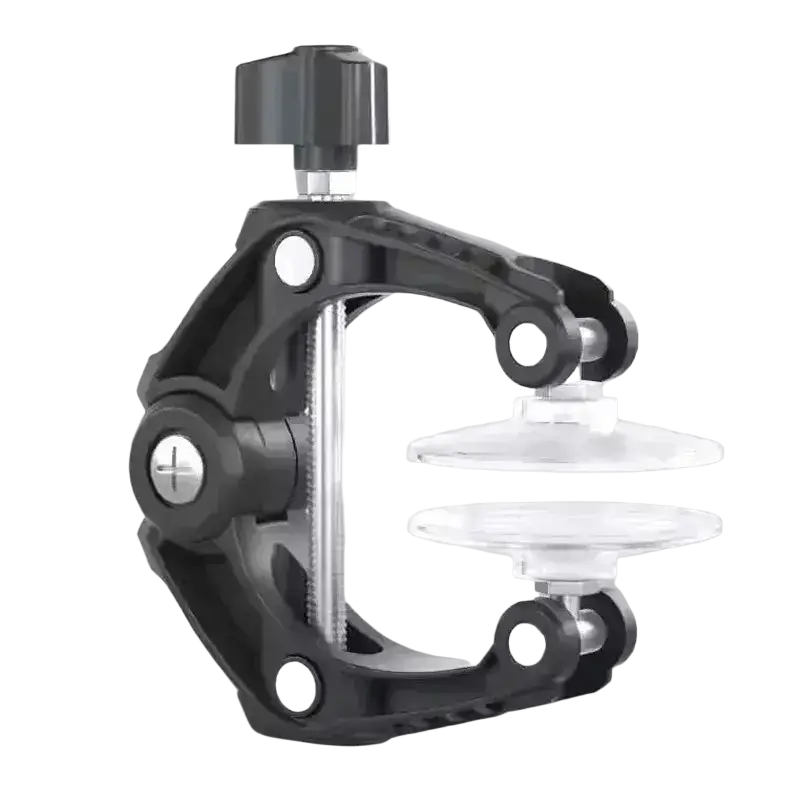 Black plastic phone screen separator tool with transparent circular plates and black adjustment knob in minimalist style