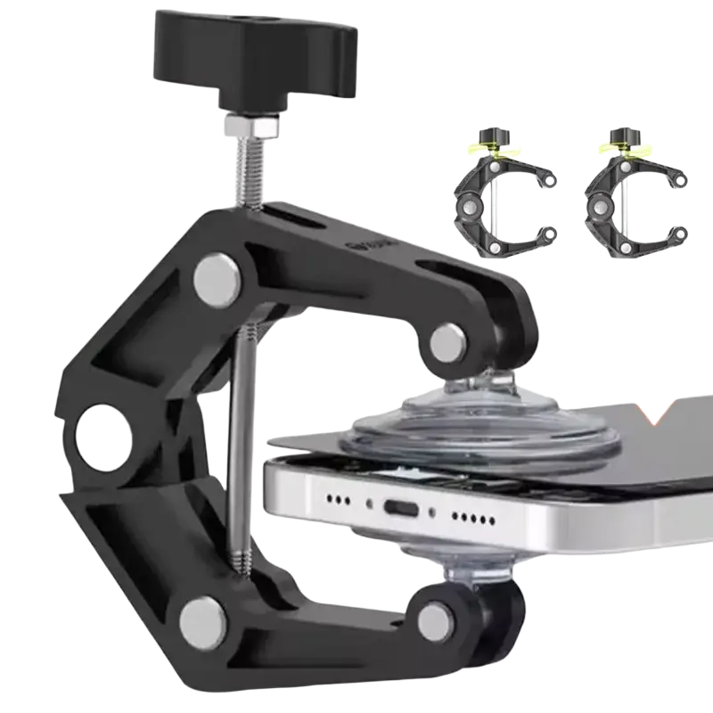 Black plastic and metal phone screen separator tool with adjustable screw clamp in minimalist style design