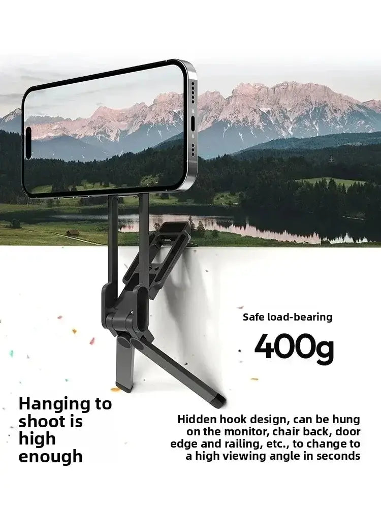 Black magnetic foldable metal phone stand with hidden hook design for secure mounting and stable support