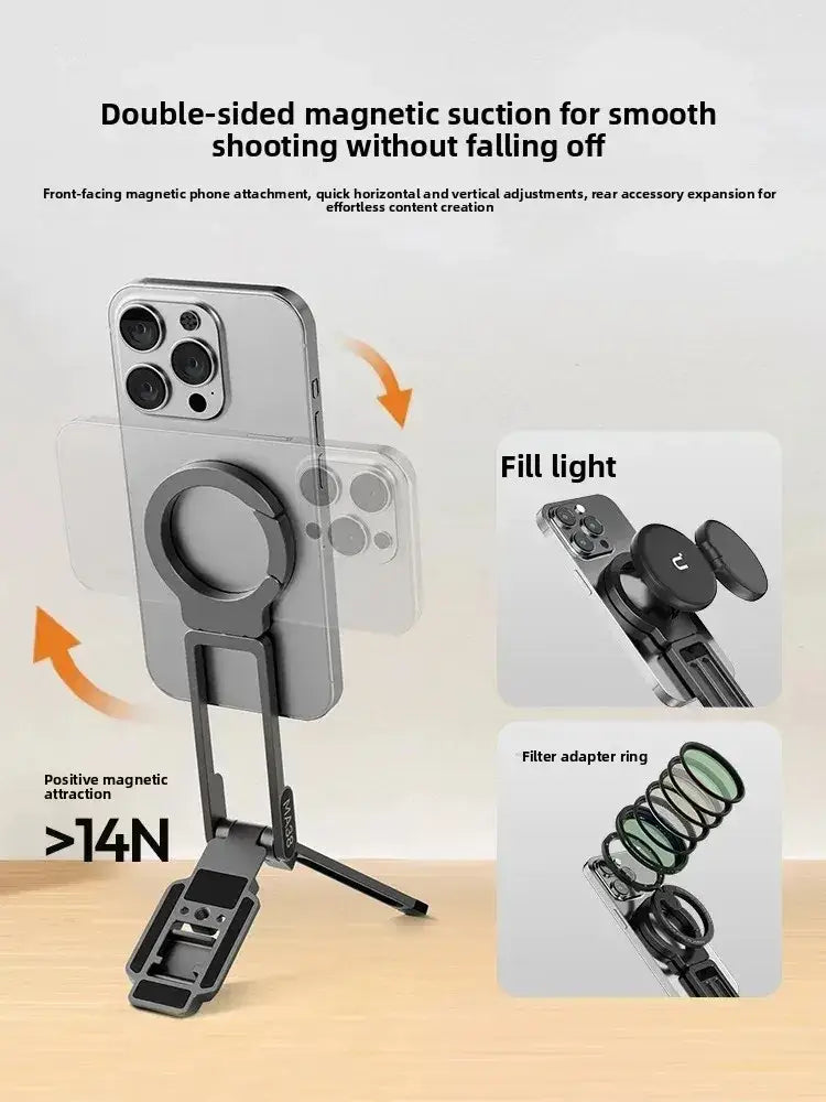 Black magnetic phone stand with foldable metal holder adjustable stand and suction cup base for versatile use