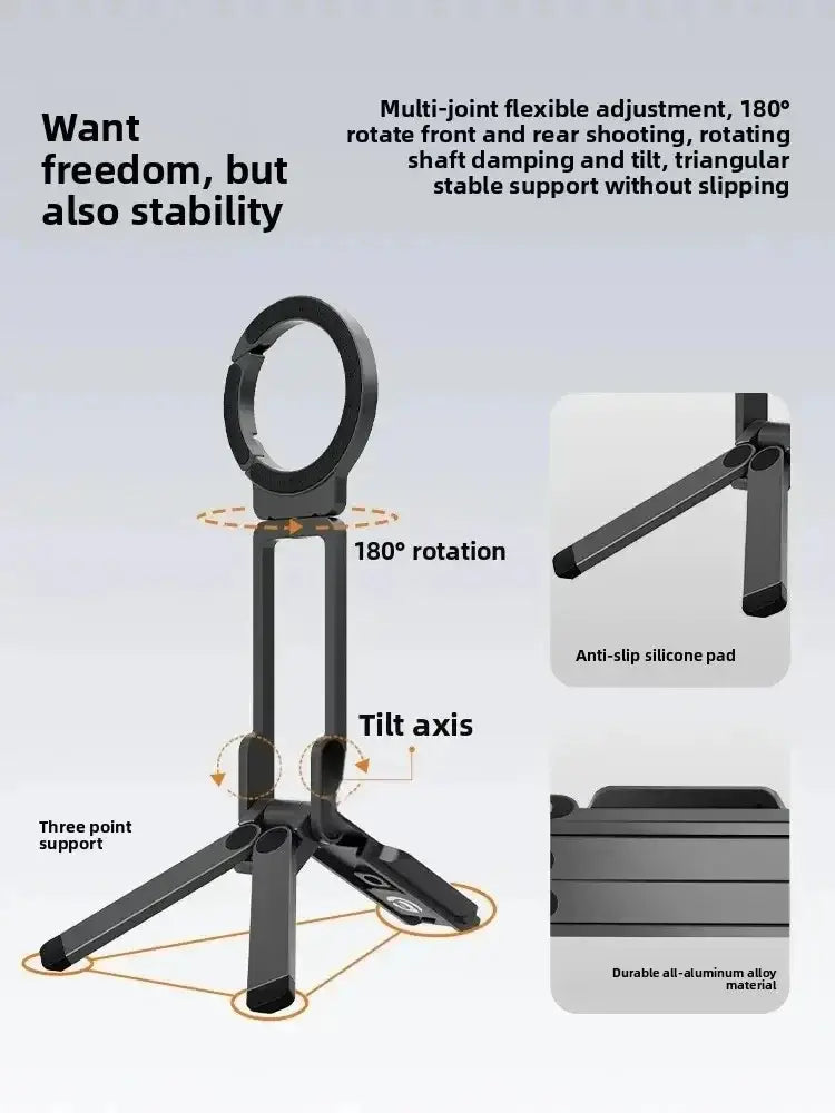 Black multi-jointed phone stand made of durable all-aluminum alloy with anti-slip silicone pads for stability