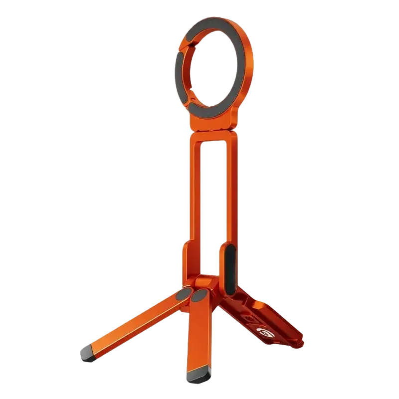Orange aluminum phone stand with black rubberized grips and circular ring top magnetic foldable metal holder