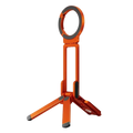 Orange aluminum phone stand with black rubberized grips and circular ring top magnetic foldable metal holder