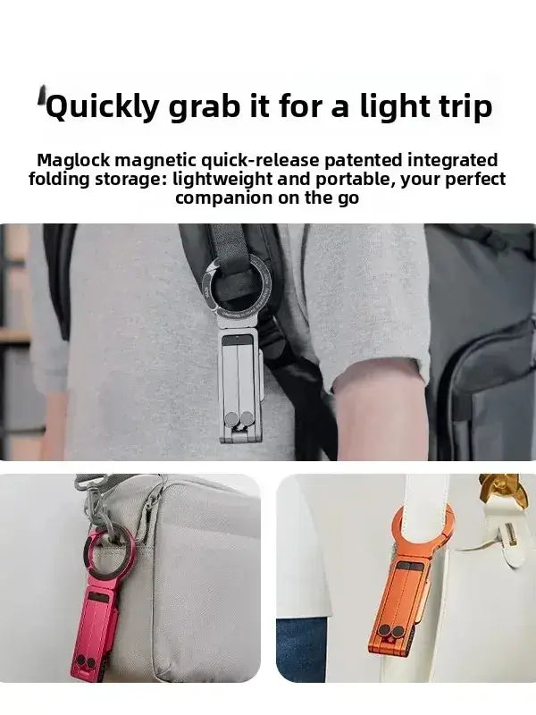 Silver maglock magnetic quick-release folding storage clip phone stand with sleek minimalist metal design and compact form