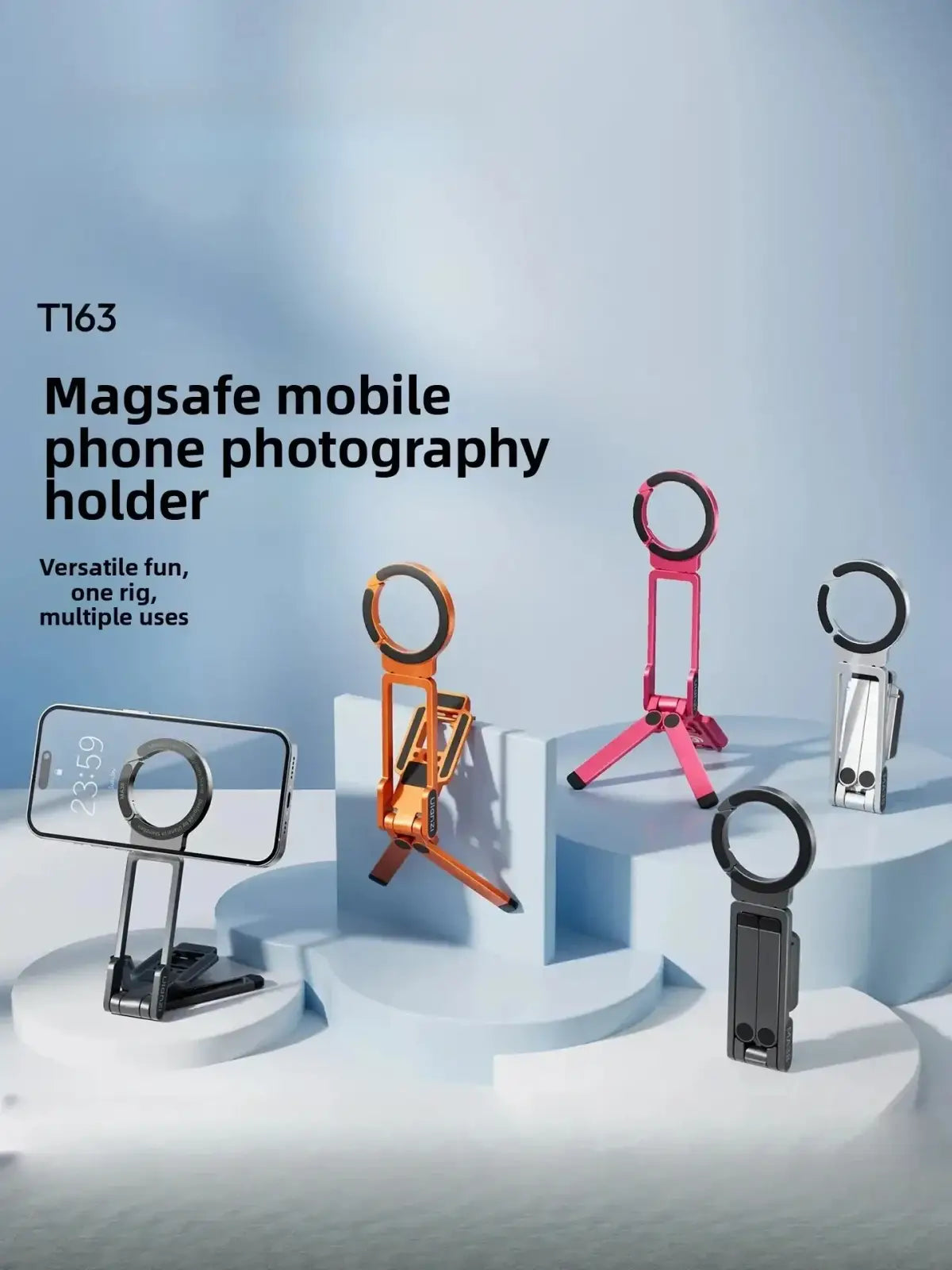 The t163 magsafe foldable metal phone stand features a magnetic ring base in orange pink black and silver finishes