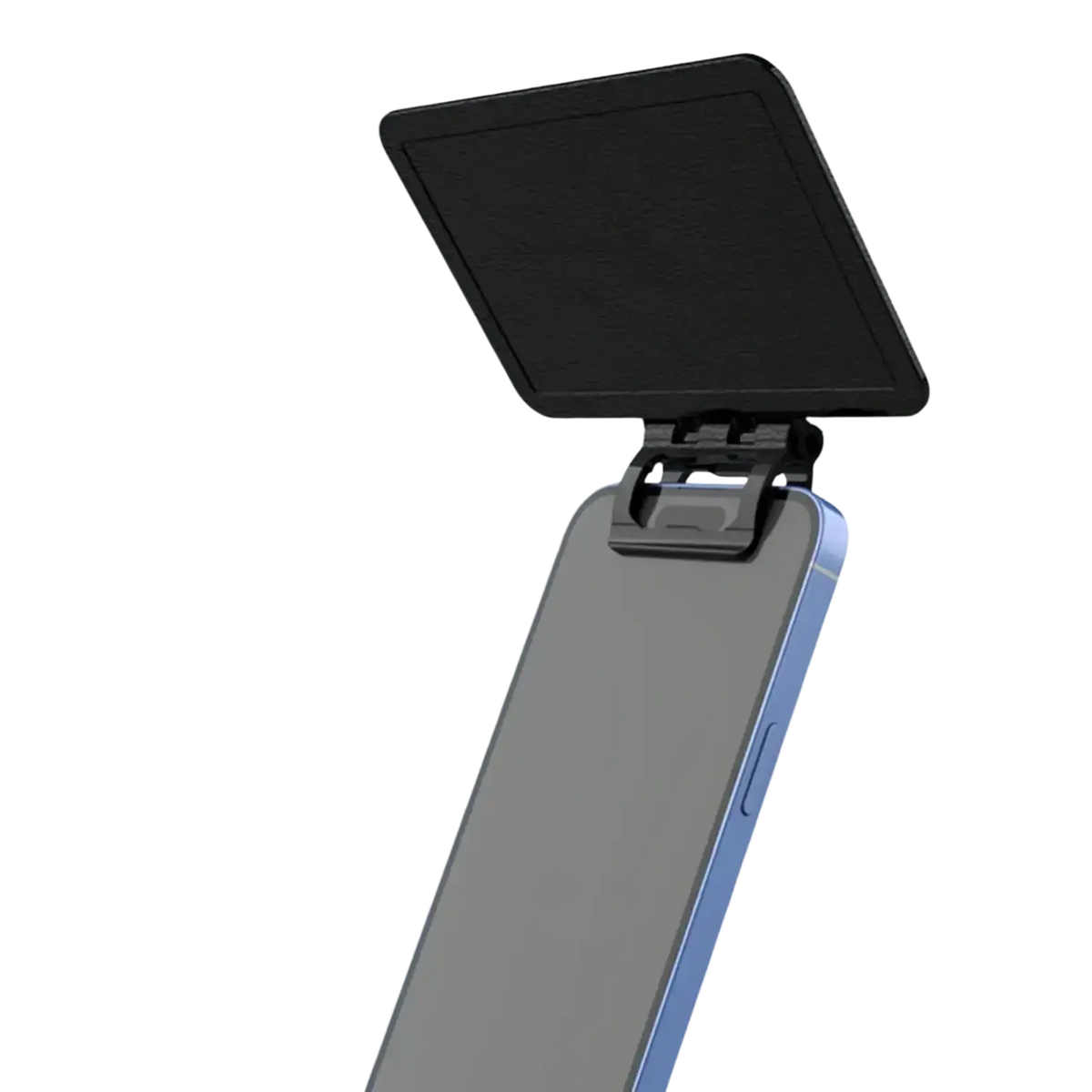 Black flip-up phone sun shade stand attached to blue smartphone for anti-glare uv protection cover