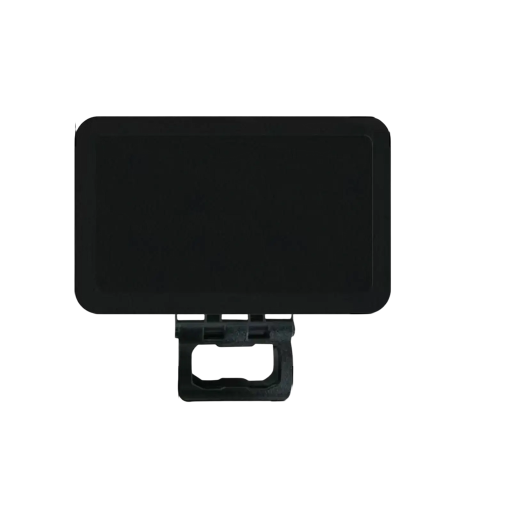 Black rectangular plastic car trunk lid latch with hinged mechanism shown on the back side for phone sun shade use