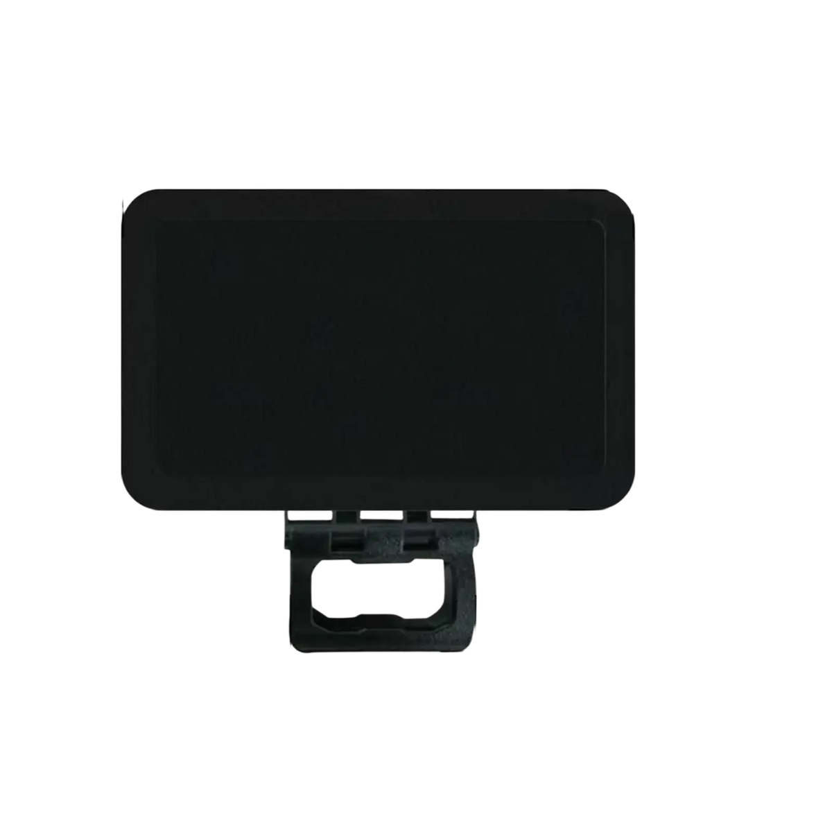 Black rectangular plastic car trunk lid latch with hinged mechanism shown on the back side for phone sun shade use
