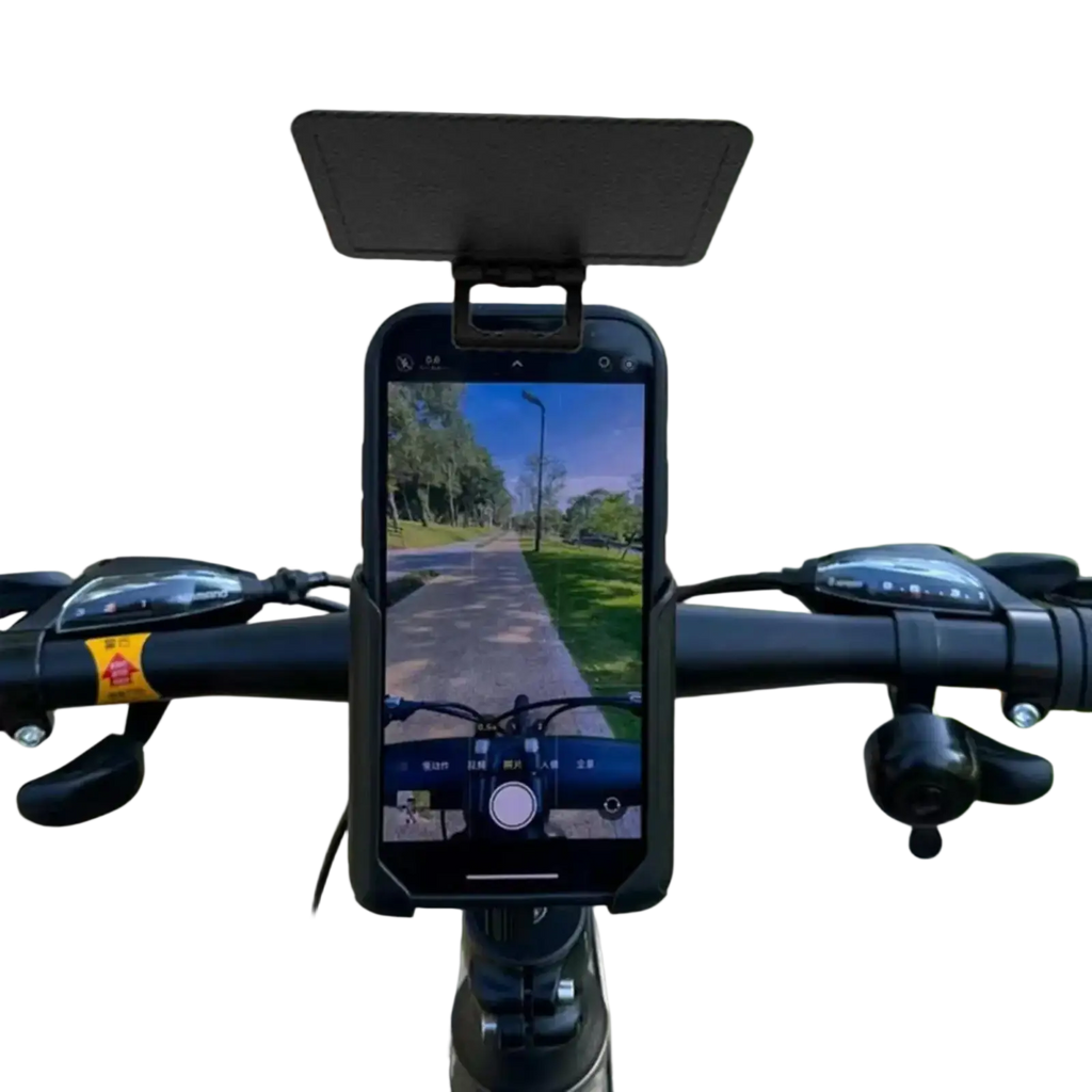 Black mobile phone mounted on bike handlebar with phone sun shade and attached solar panel for uv protection