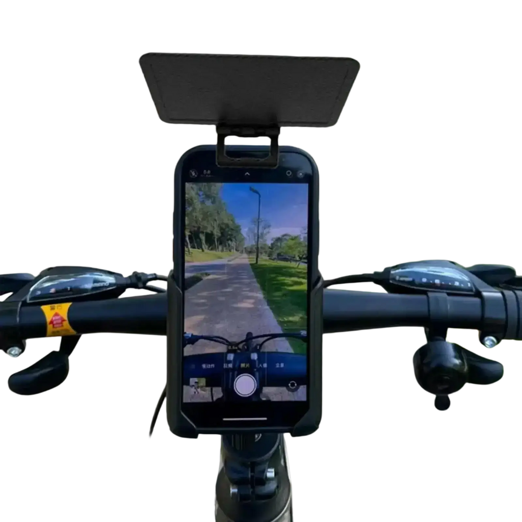 Black smartphone mount with integrated phone sun shade and uv protection cover for bicycle handlebars