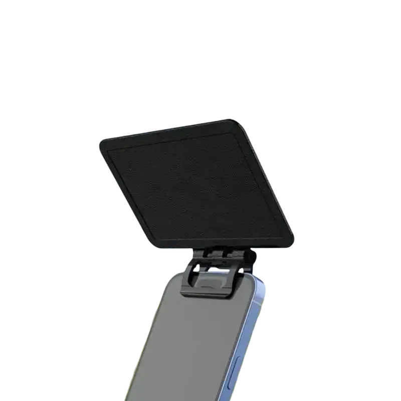 Black rectangular phone sun visor with hinged clip attached to light blue smartphone for anti-glare protection