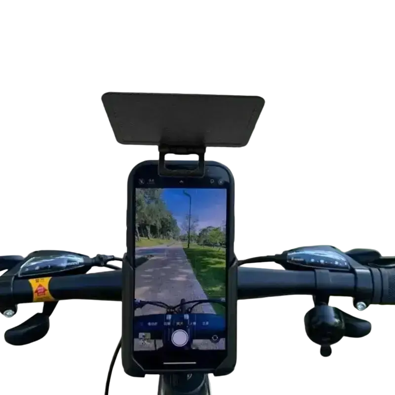 Black smartphone mount with gray phone sun visor attached to bicycle handlebars for anti-glare mobile shade