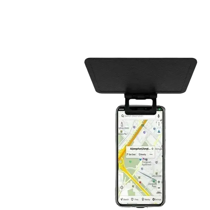 Black phone sun visor with sleek minimalist design and adjustable clamp for secure attachment on car sun visor