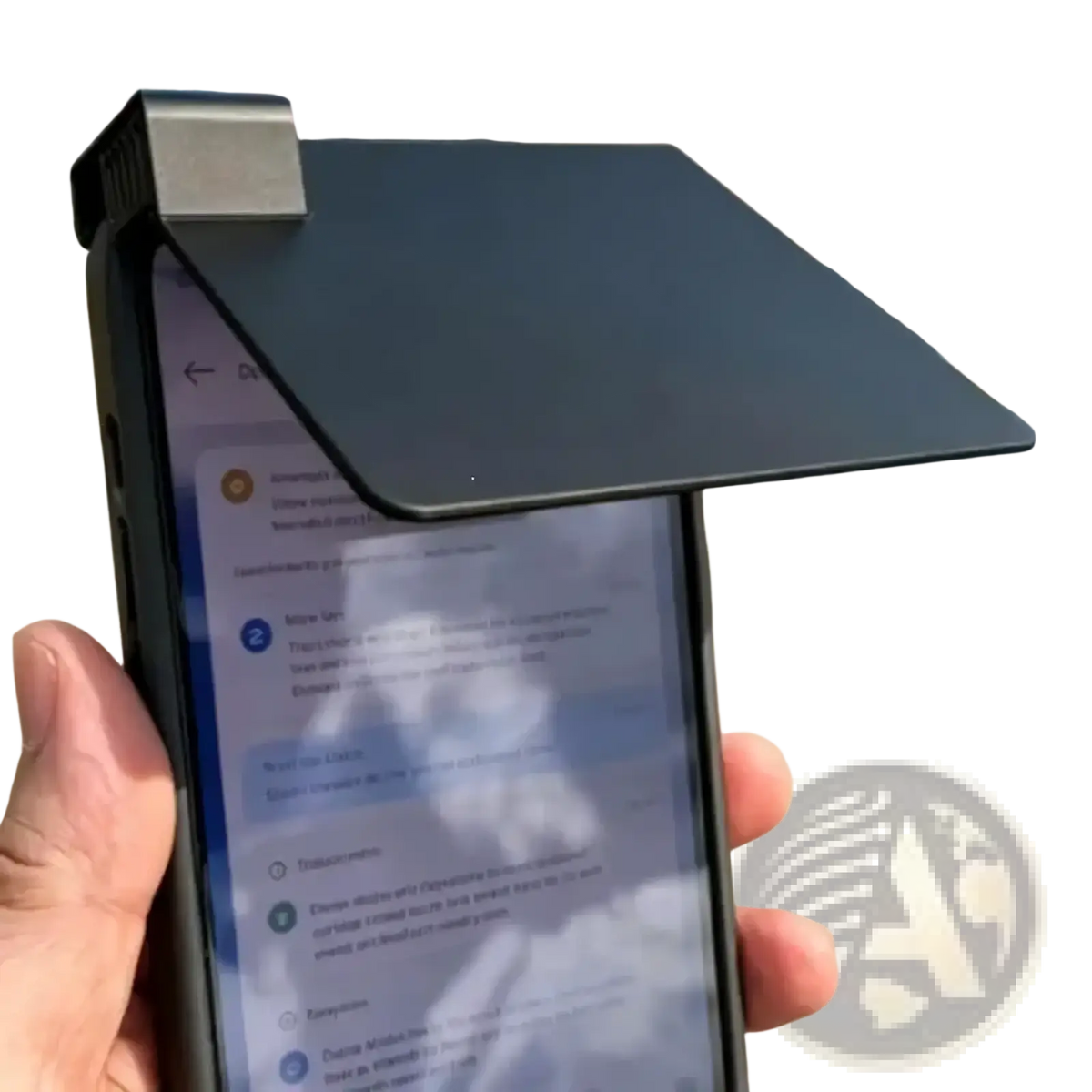 Black smartphone with sleek matte finish phone sunshade case anti glare pla cover featuring integrated sun visor backside view