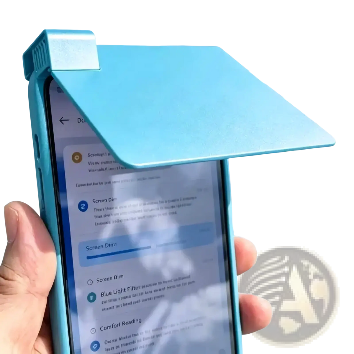 Light blue plastic phone sunshade case with clip-on anti glare screen protector for enhanced visibility
