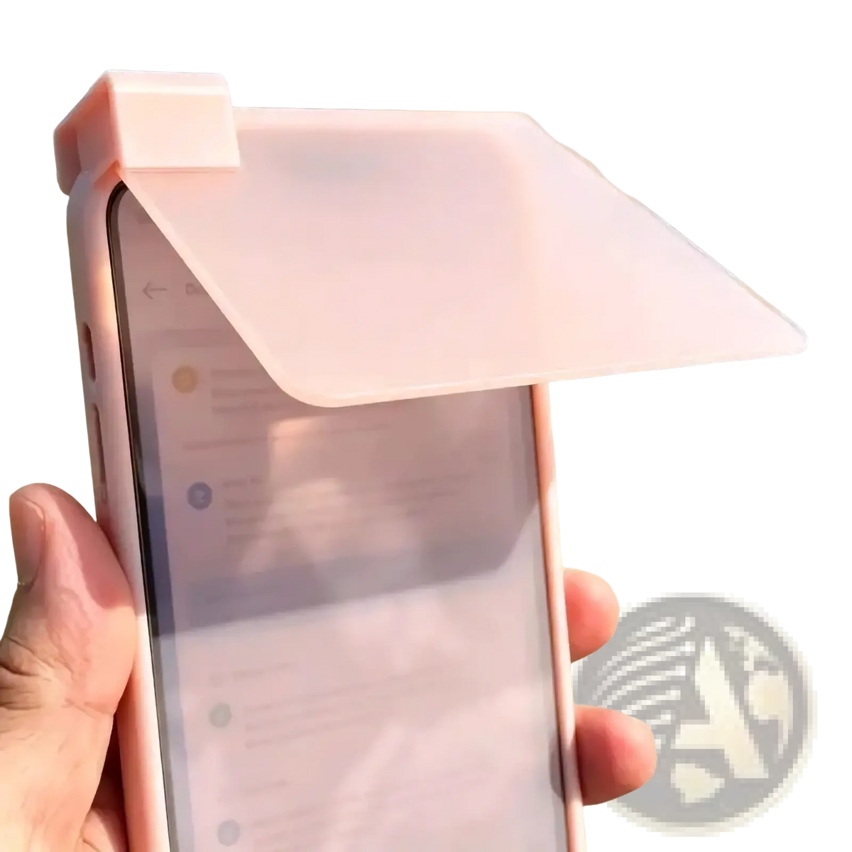 Pink translucent phone sunshade case with anti-glare pla cover and roof-like attachment for screen protection