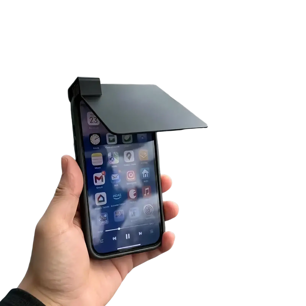 Black house-shaped phone case with slanted roof featuring anti glare pla cover for sunshade protection