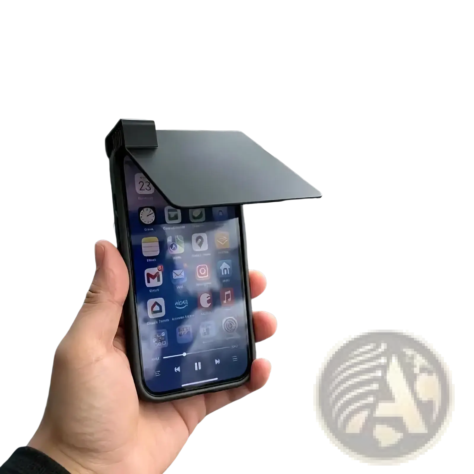 Black house-shaped phone case with slanted roof featuring anti glare pla cover for sunshade protection