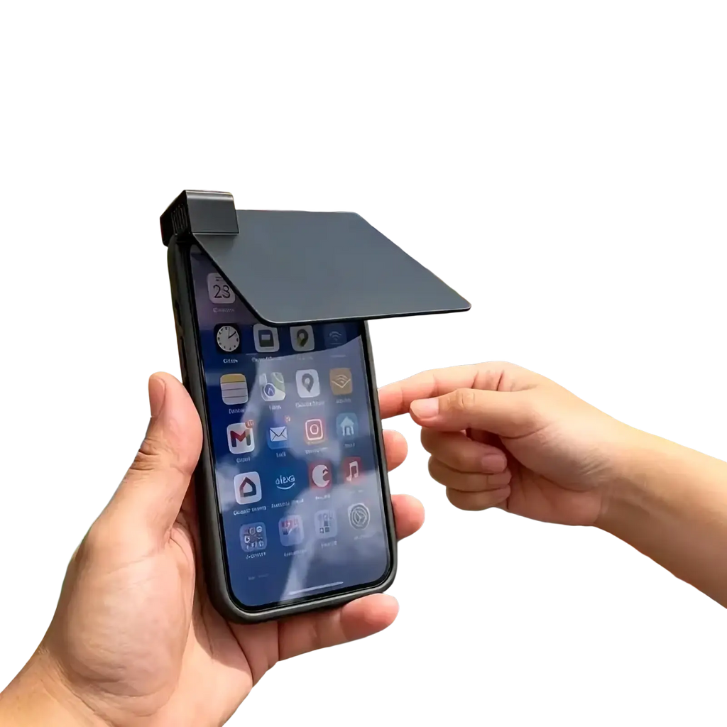 Black phone case with a roof-like sun shield attached on top for anti glare protection in bright light conditions