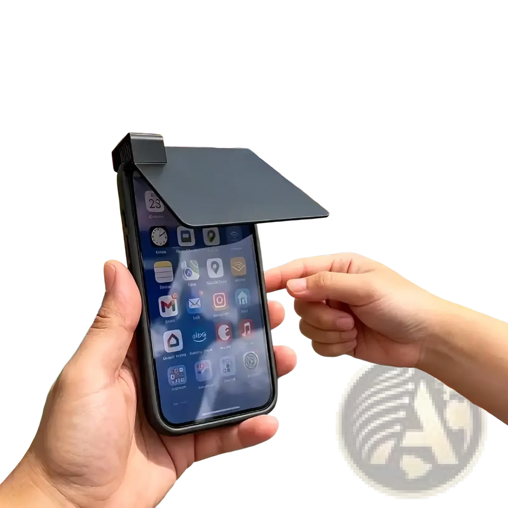 Black phone case with a roof-like sun shield attached on top for anti glare protection in bright light conditions