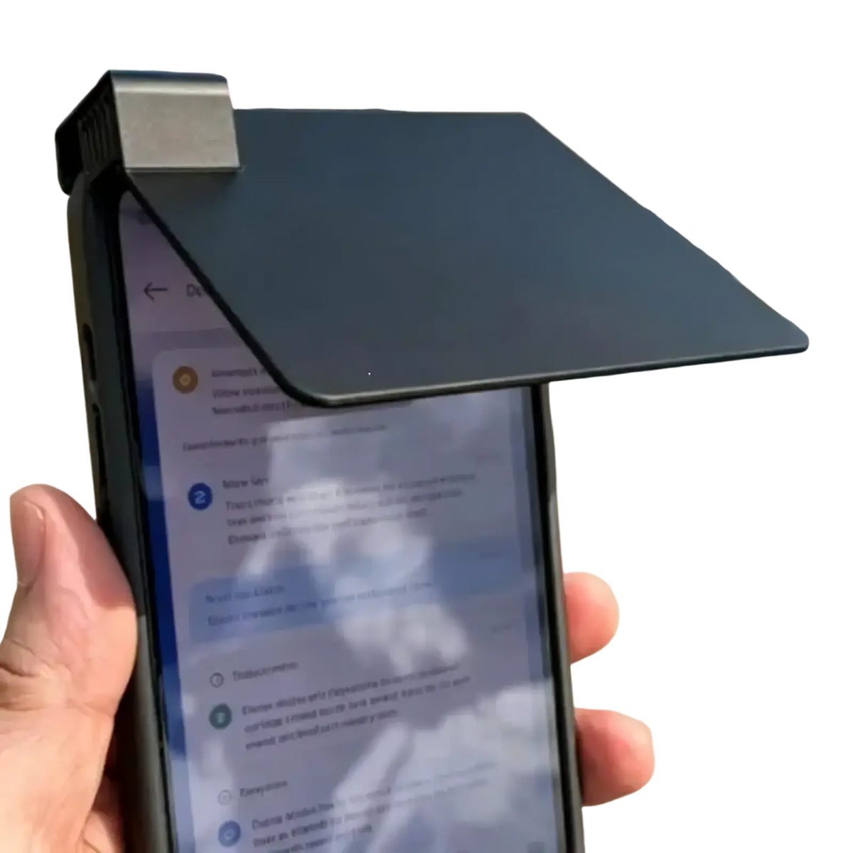 Black smartphone with sleek matte finish phone sunshade case anti glare pla cover featuring integrated sun visor backside view